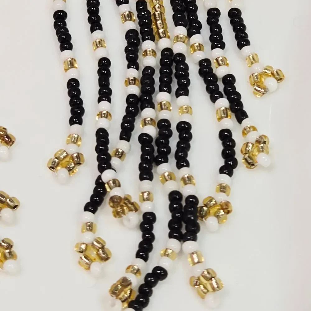 White Gold Black Glass Seed Beaded Fringe Earrings – Long Geometric Statement
